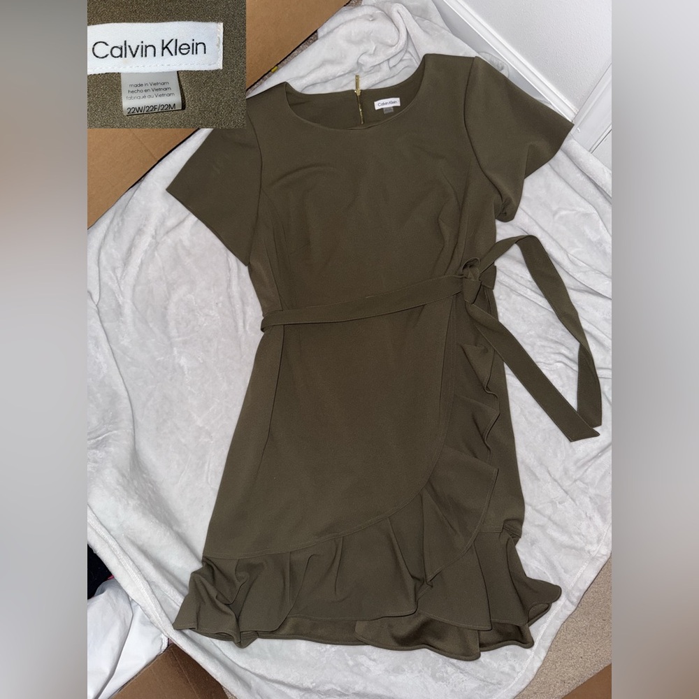 Calvin Klein Olive Wrap style Dress with Belt